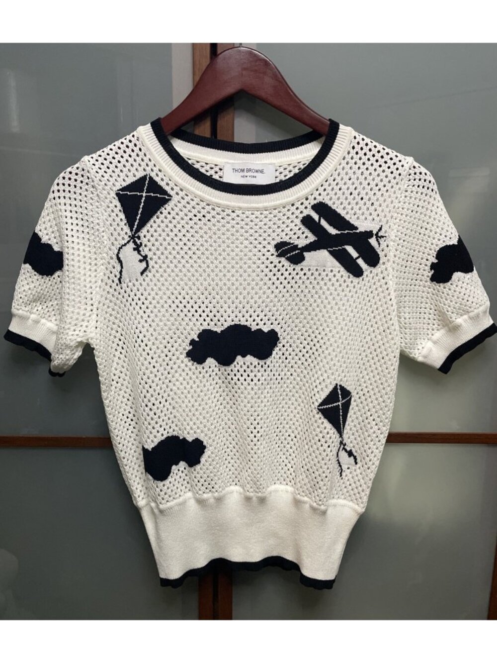 Thom Browne Resort 2022 Womens Sky Icons Mesh Knit Short Sleeve Ivory Blouse Top
